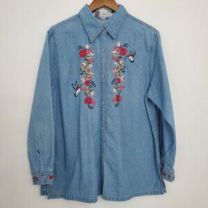 Passion-I Womens Floral Hummingbird Embroidered Button Front Denim Top Size XL